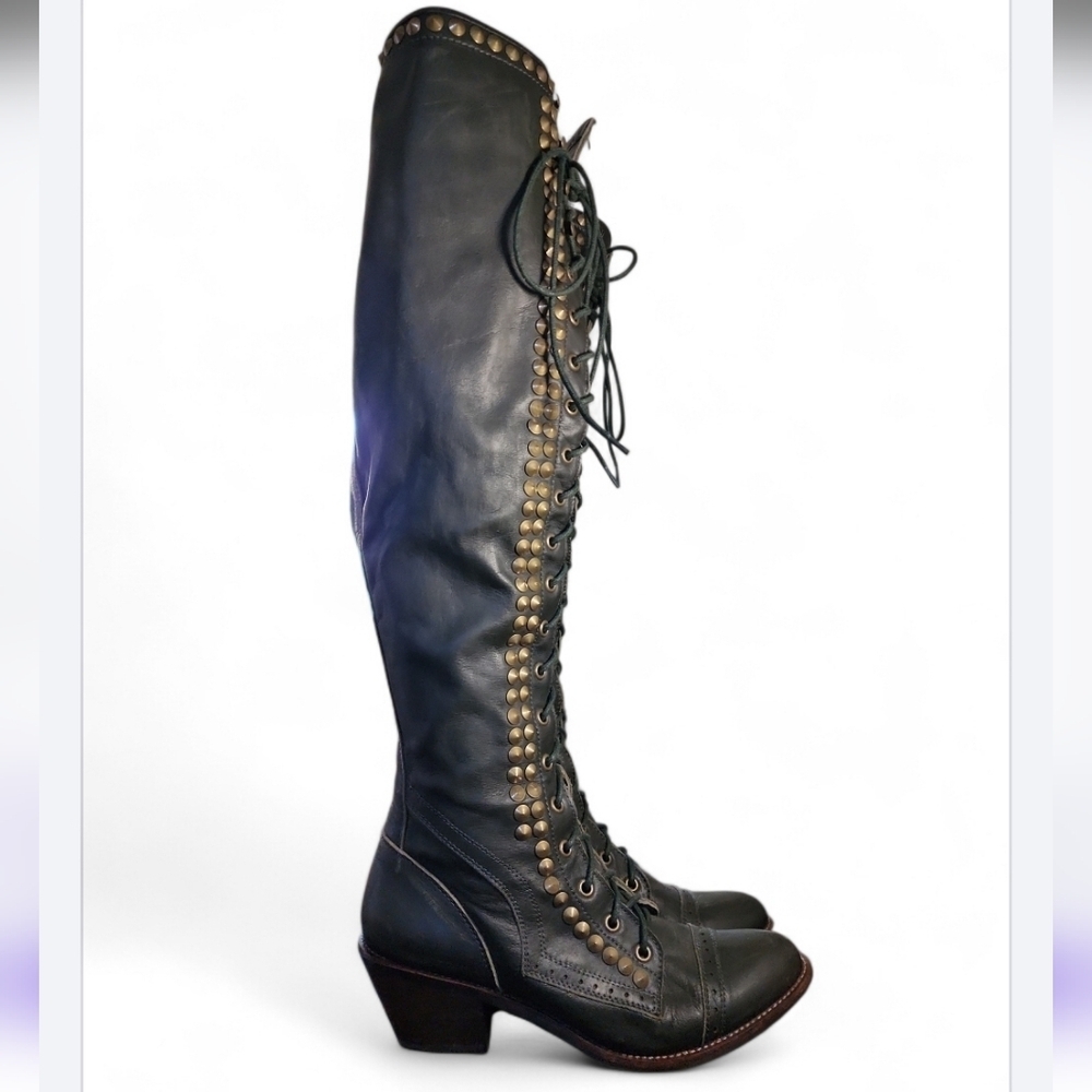 SOLD Jeffrey Campbell For Free People Studded Joe Tall Boots Lace Up Over Knee 9 - Picture 3 of 11